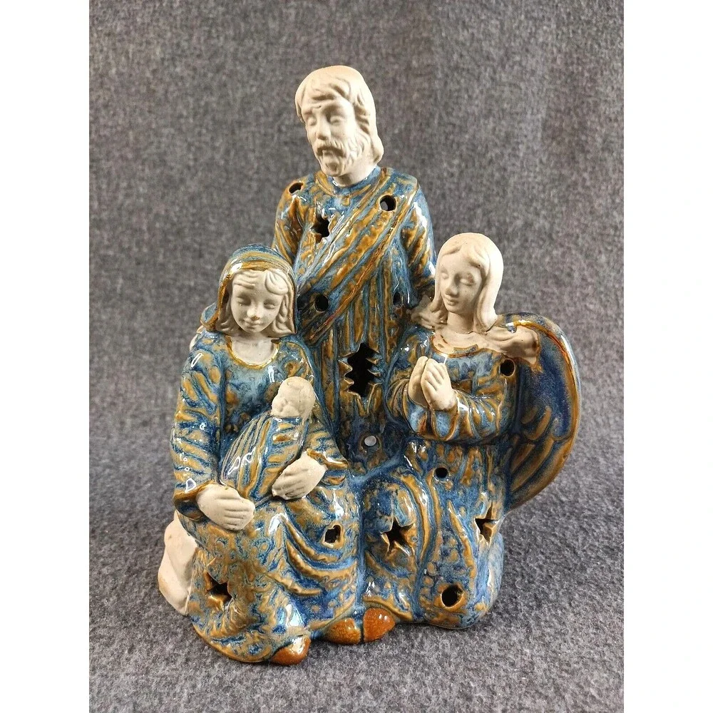 Holy Family Nativity Scene Ceramic Tealight Cand Holder Blue and Gold